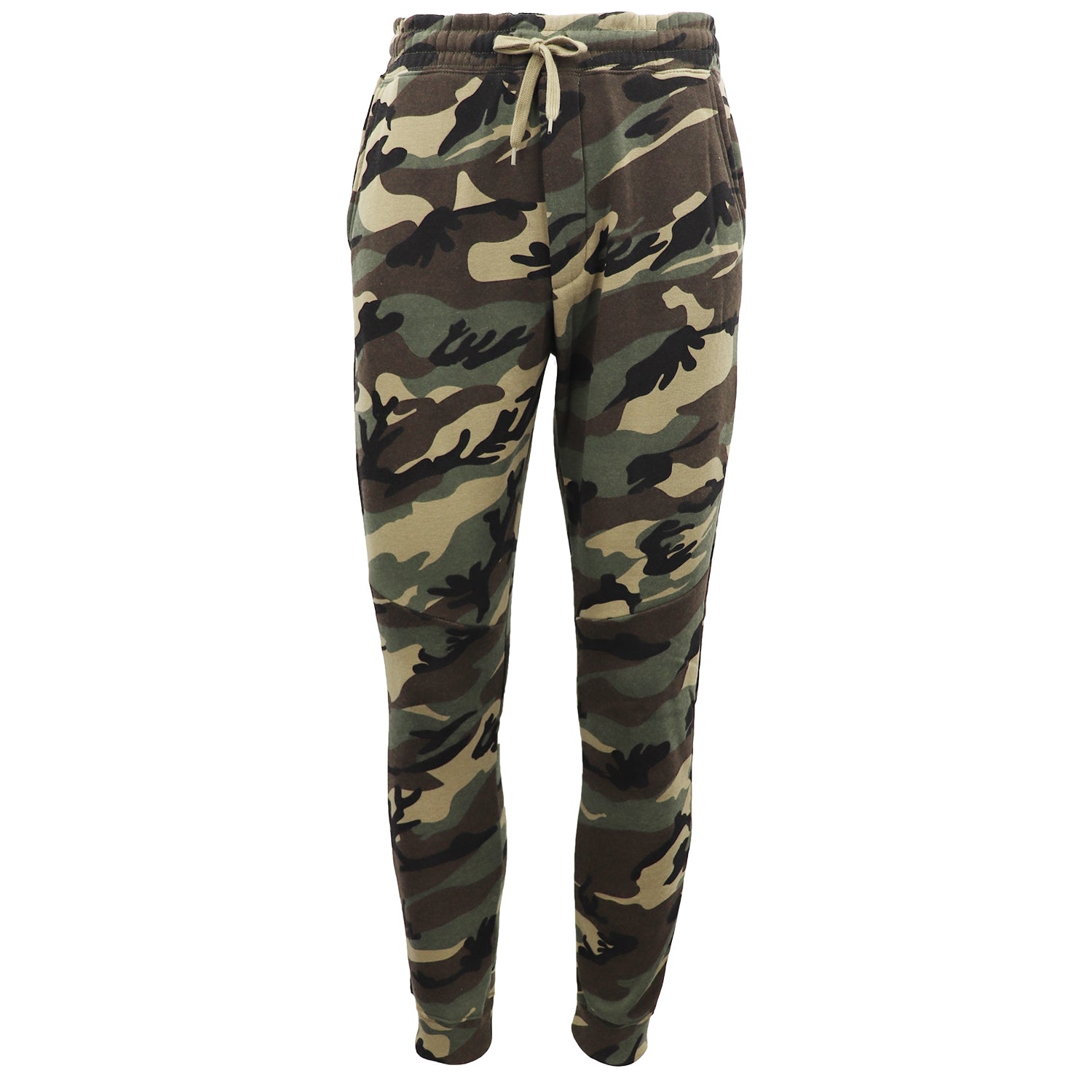 Men's Fleece Track Pants Military Camouflage Tactical Gym Trousers w Cuffed Hem, Green Camo, S