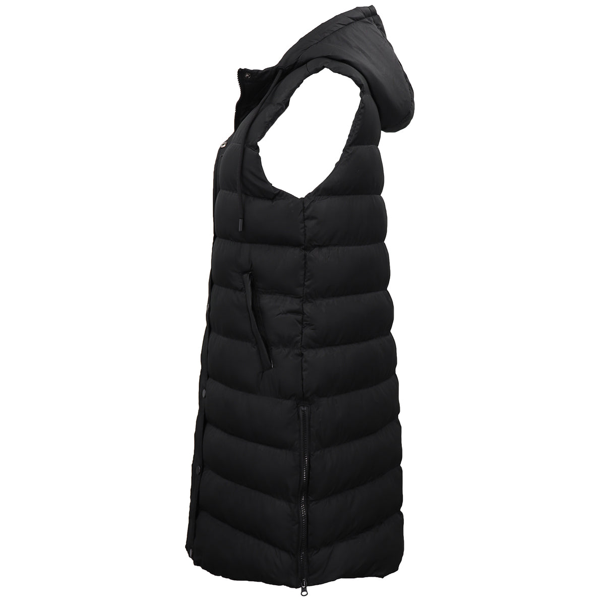 Women's Longline Padded Vest Hooded Jacket Puffer Puffy Quilted Zip Coat Gilet, Black, 12