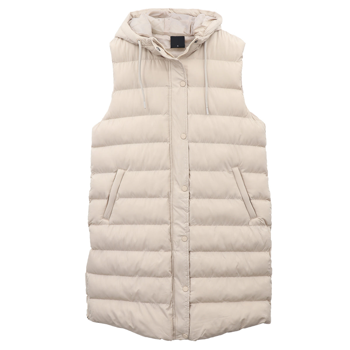 Women's Longline Padded Vest Hooded Jacket Puffer Puffy Quilted Zip Coat Gilet, Khaki, 10