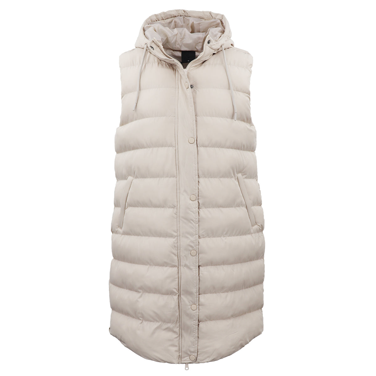 Women's Longline Padded Vest Hooded Jacket Puffer Puffy Quilted Zip Coat Gilet, Khaki, 10