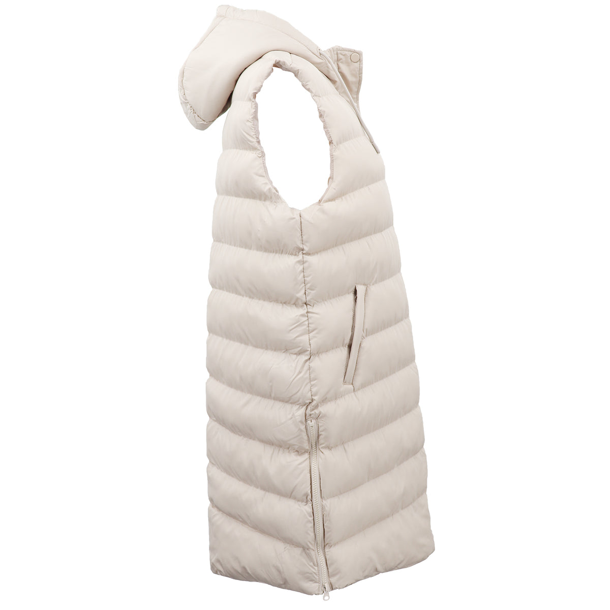 Women's Longline Padded Vest Hooded Jacket Puffer Puffy Quilted Zip Coat Gilet, Khaki, 10
