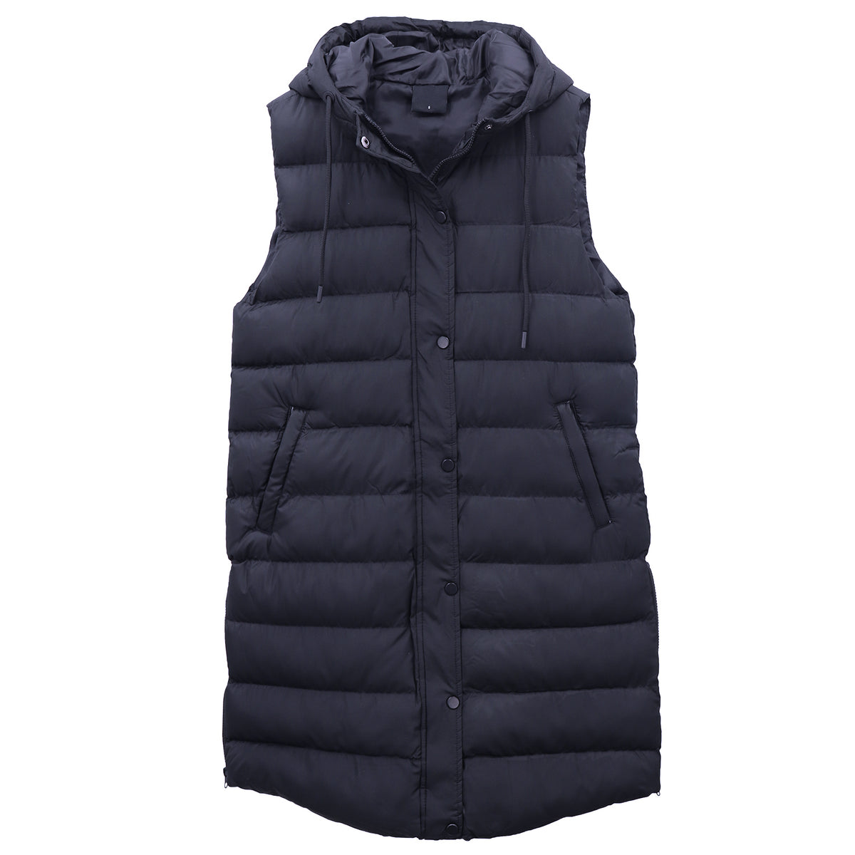 Women's Longline Padded Vest Hooded Jacket Puffer Puffy Quilted Zip Coat Gilet, Navy, 8