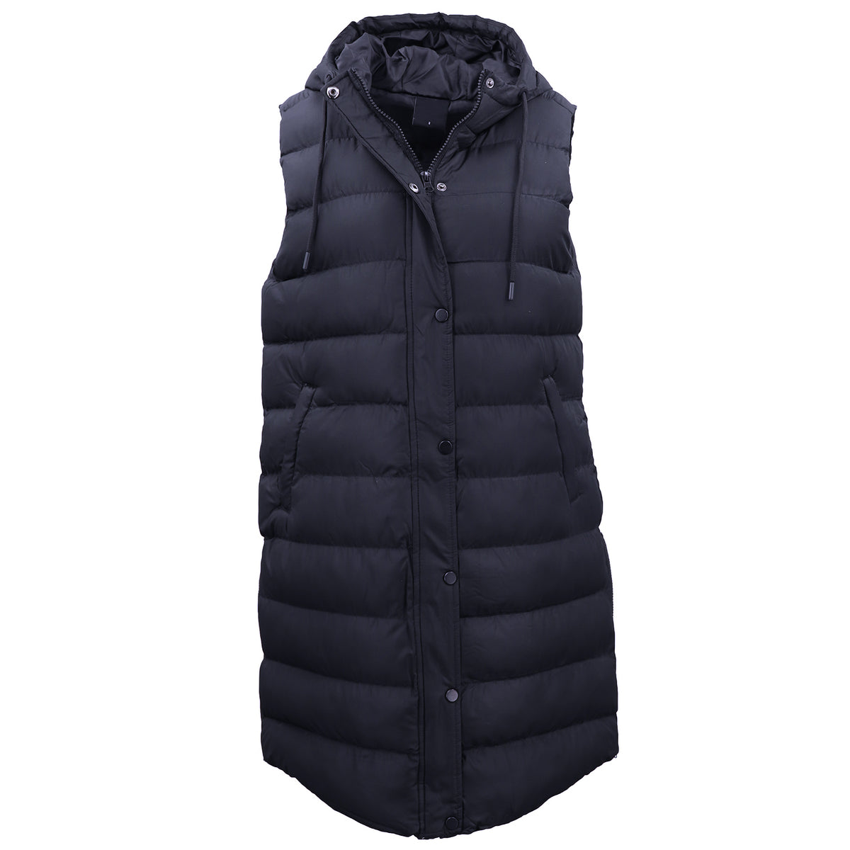 Women's Longline Padded Vest Hooded Jacket Puffer Puffy Quilted Zip Coat Gilet, Navy, 8
