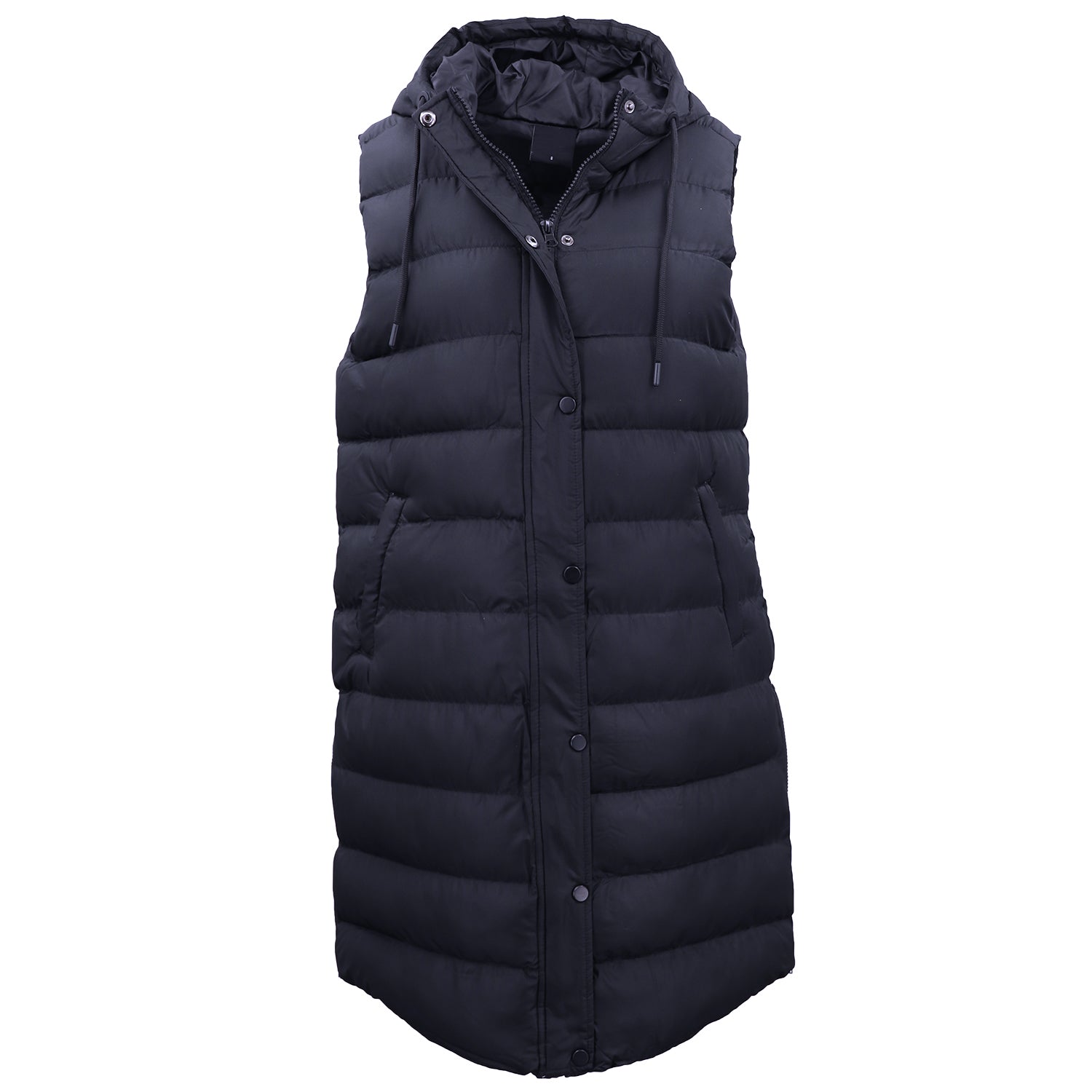Women's Longline Padded Vest Hooded Jacket Puffer Puffy Quilted Zip Coat Gilet, Navy, 14