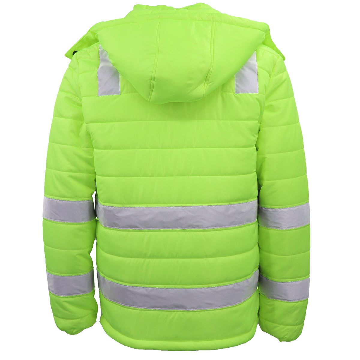 HI VIS Puffer Safety Jacket Reflective Tape Removable Hood Zip Pocket Puffy Coat, Fluro Yellow, 5XL