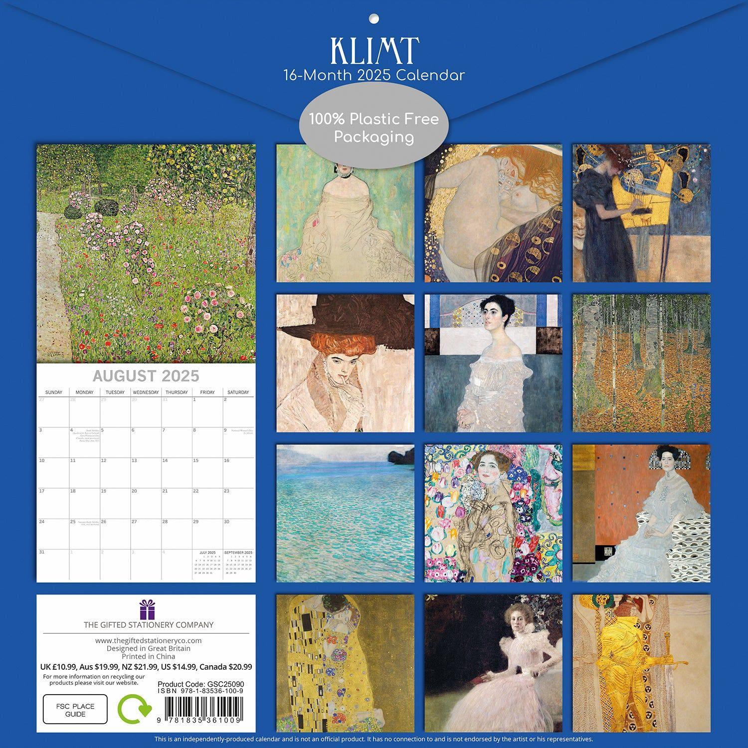 Klimt - 2025 Square Wall Calendar Arts Landscapes 16 Months Premium Planner Gift