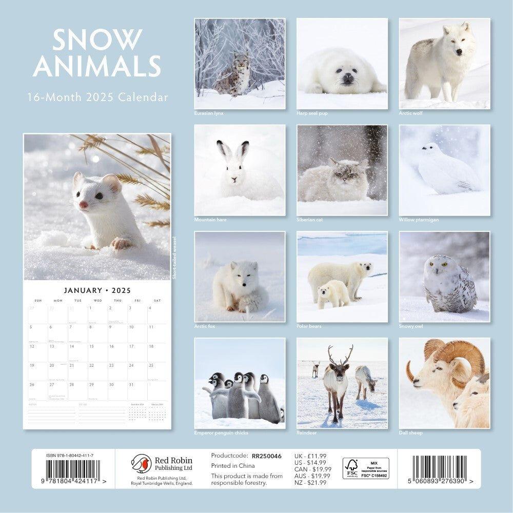 Snow Animals - 2025 Square Wall Calendar Animals 16 Months Premium Planner Gift