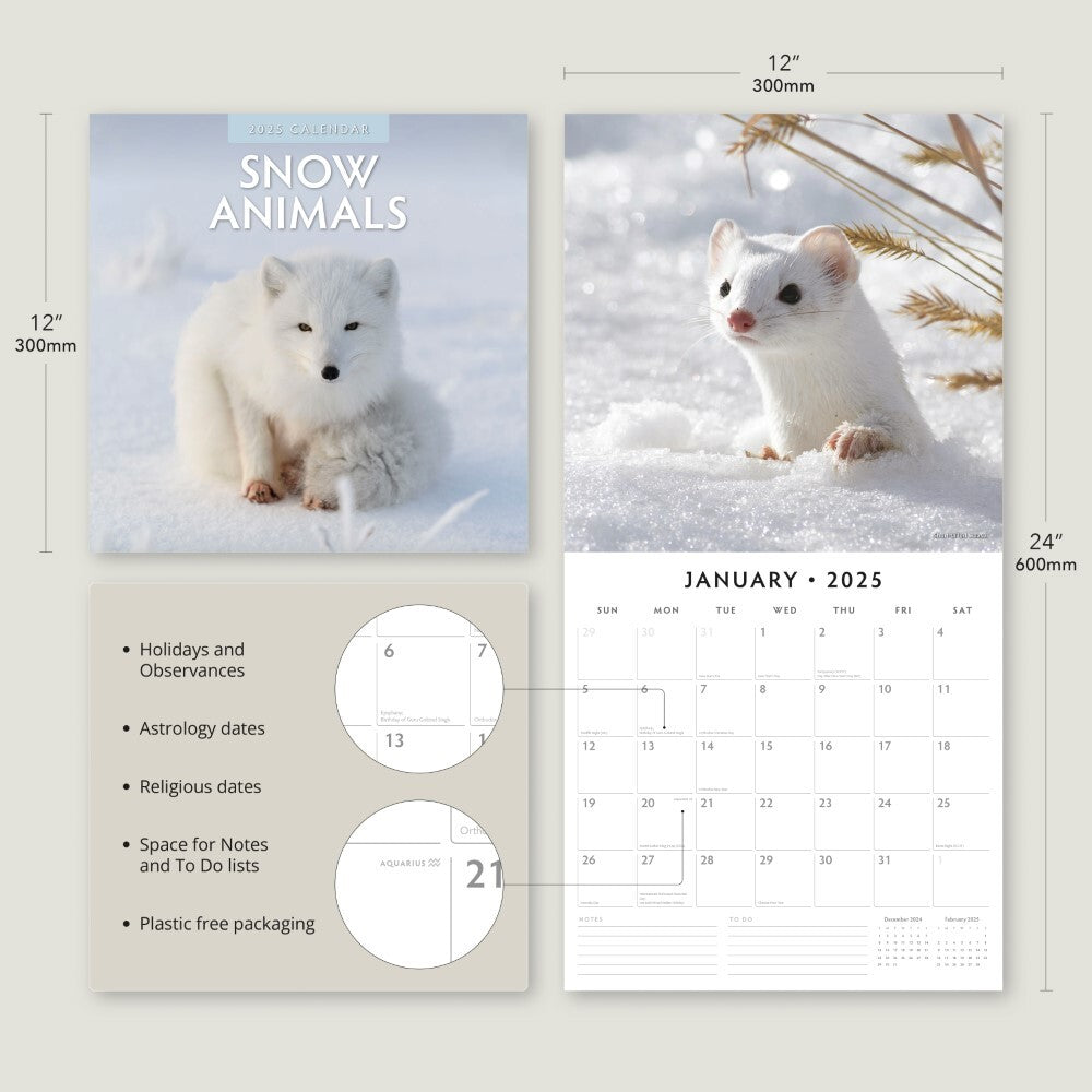 Snow Animals - 2025 Square Wall Calendar Animals 16 Months Premium Planner Gift