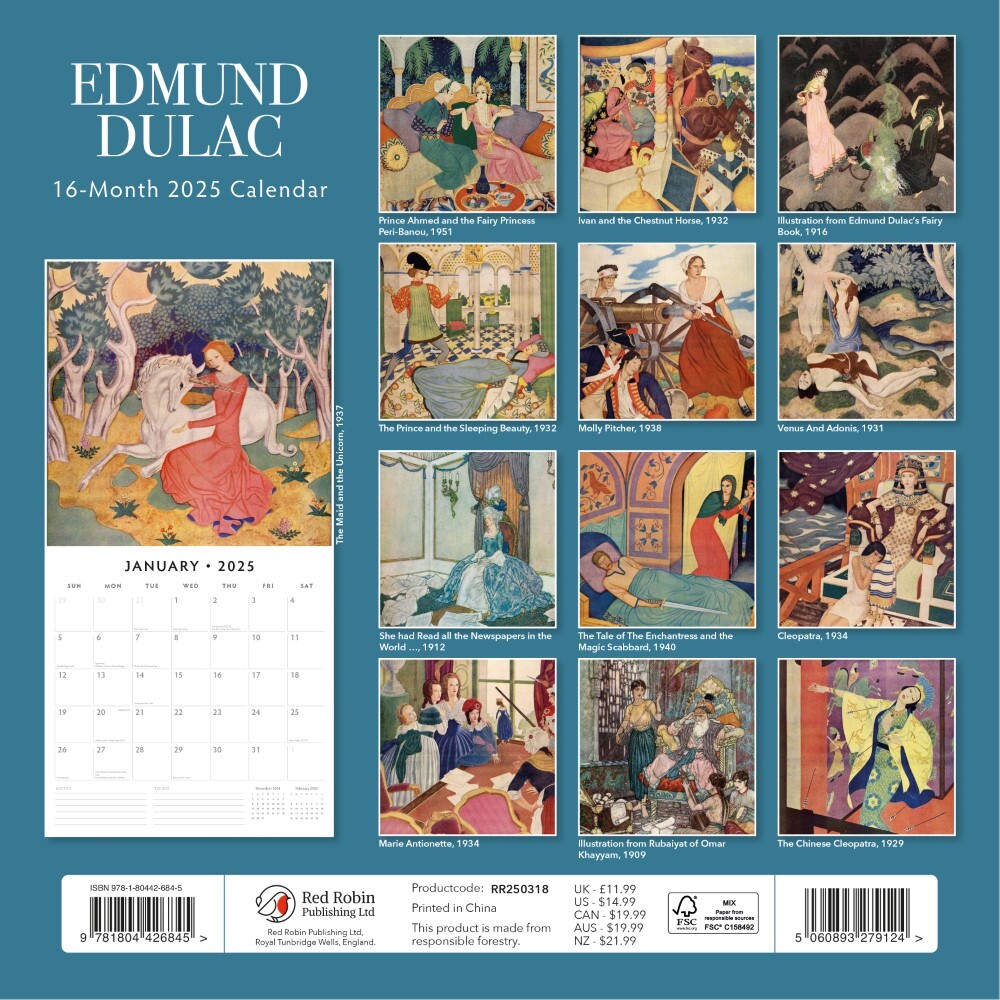 Edmund Dulac - 2025 Square Wall Calendar Fine Art 16 Months Premium Planner Gift