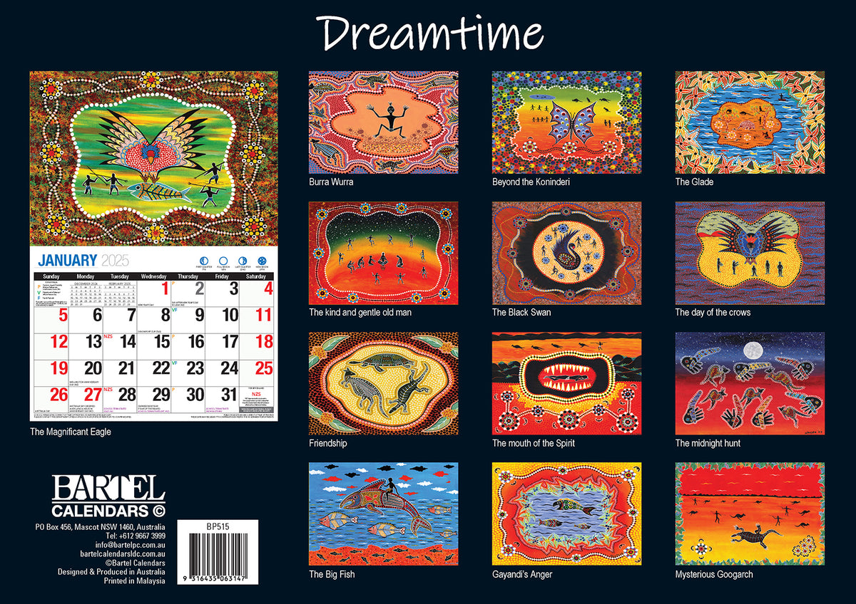 The Dreamtime - 2025 Rectangle Wall Calendar 16 Months Aboriginal Art New Year