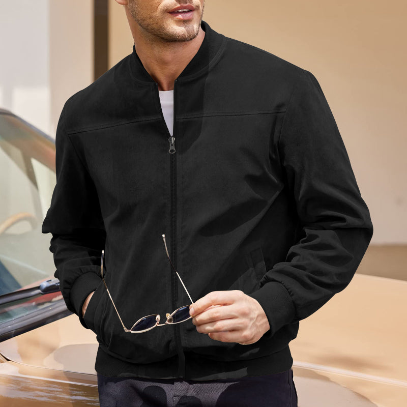 Men's Varsity Bomber Flight Jacket Breathable Windbreaker Zip Coat Faux Leather, Black, 2XL