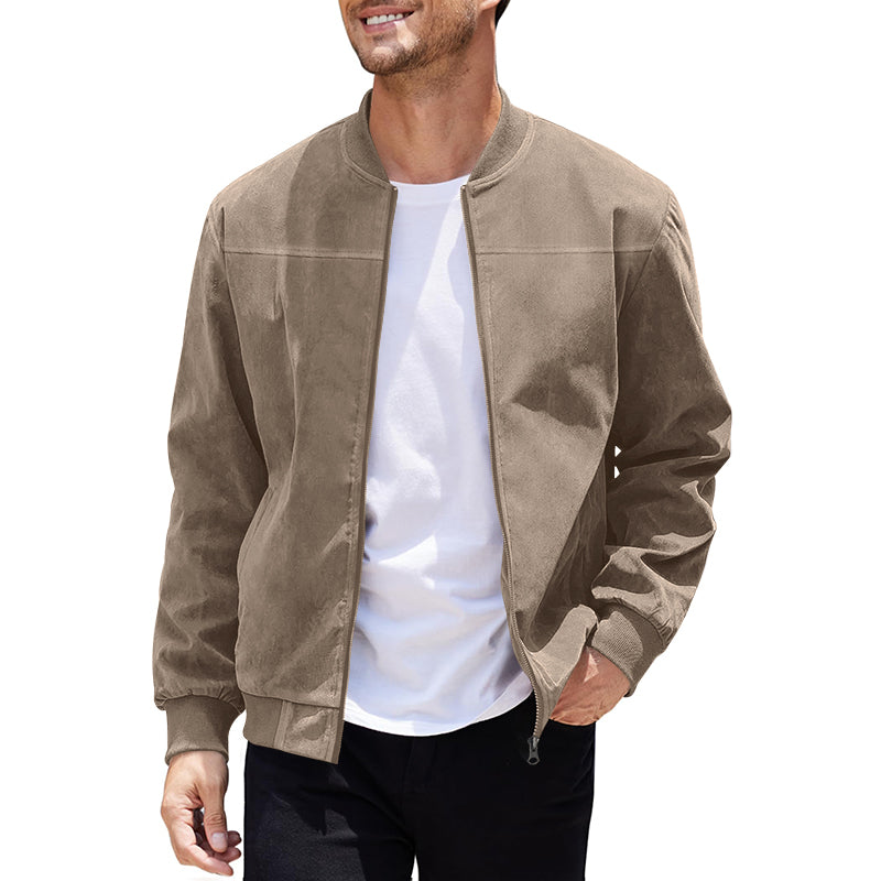 Men's Varsity Bomber Flight Jacket Breathable Windbreaker Zip Coat Faux Leather, Brown, L