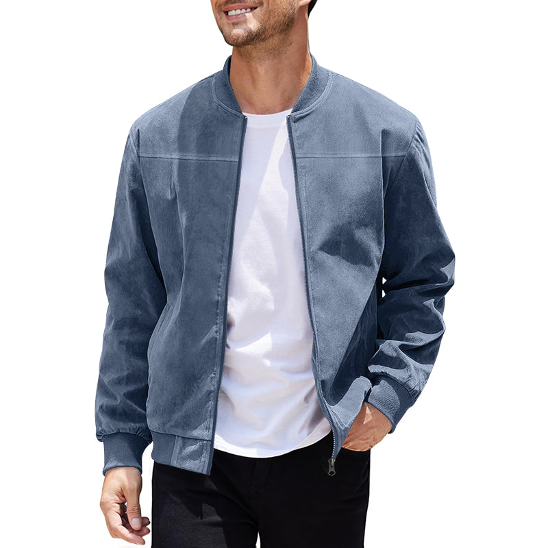 Men's Varsity Bomber Flight Jacket Breathable Windbreaker Zip Coat Faux Leather, Blue, S
