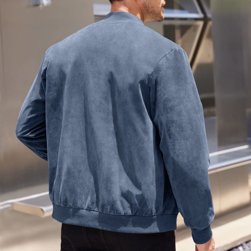 Men's Varsity Bomber Flight Jacket Breathable Windbreaker Zip Coat Faux Leather, Blue, M