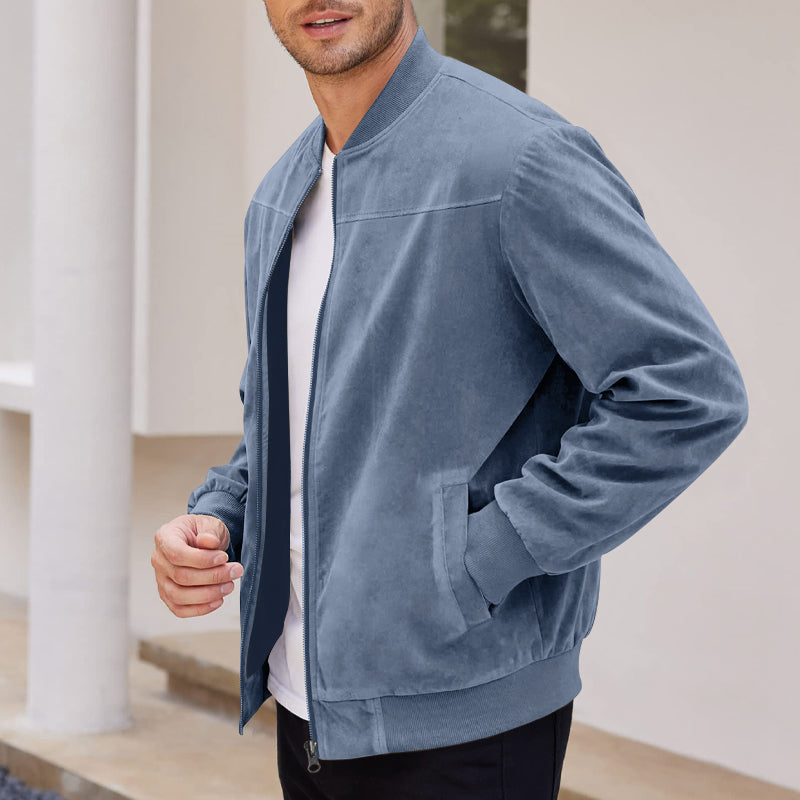 Men's Varsity Bomber Flight Jacket Breathable Windbreaker Zip Coat Faux Leather, Blue, M