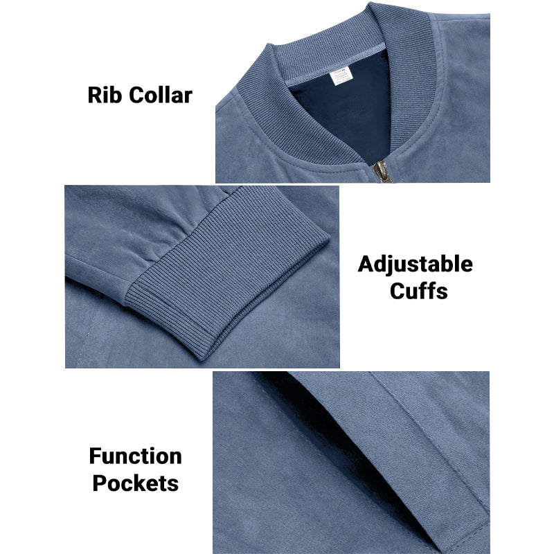 Men's Varsity Bomber Flight Jacket Breathable Windbreaker Zip Coat Faux Leather, Blue, M
