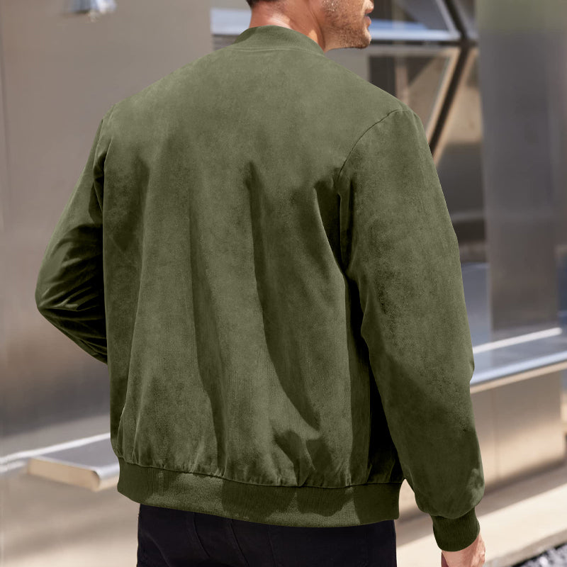 Men's Varsity Bomber Flight Jacket Breathable Windbreaker Zip Coat Faux Leather, Green, M