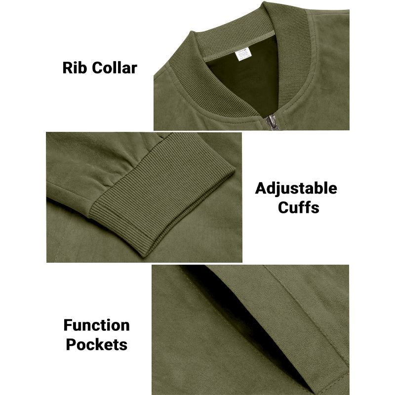 Men's Varsity Bomber Flight Jacket Breathable Windbreaker Zip Coat Faux Leather, Green, M