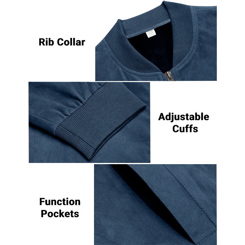 Men's Varsity Bomber Flight Jacket Breathable Windbreaker Zip Coat Faux Leather, Navy, S