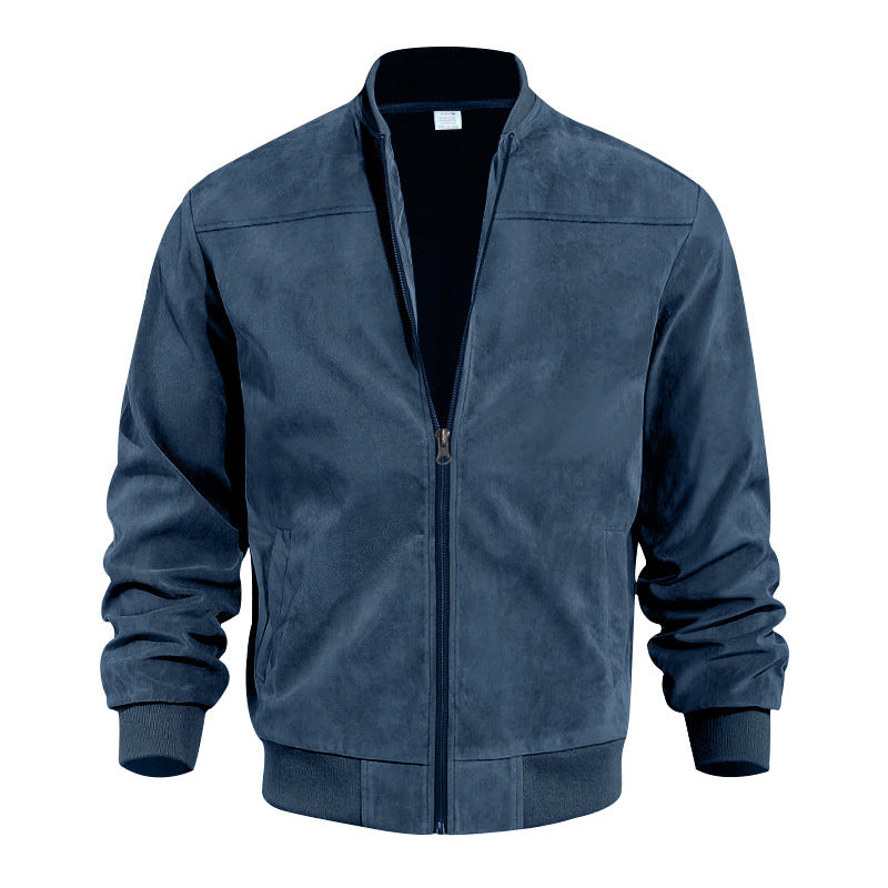 Men's Varsity Bomber Flight Jacket Breathable Windbreaker Zip Coat Faux Leather, Navy, M