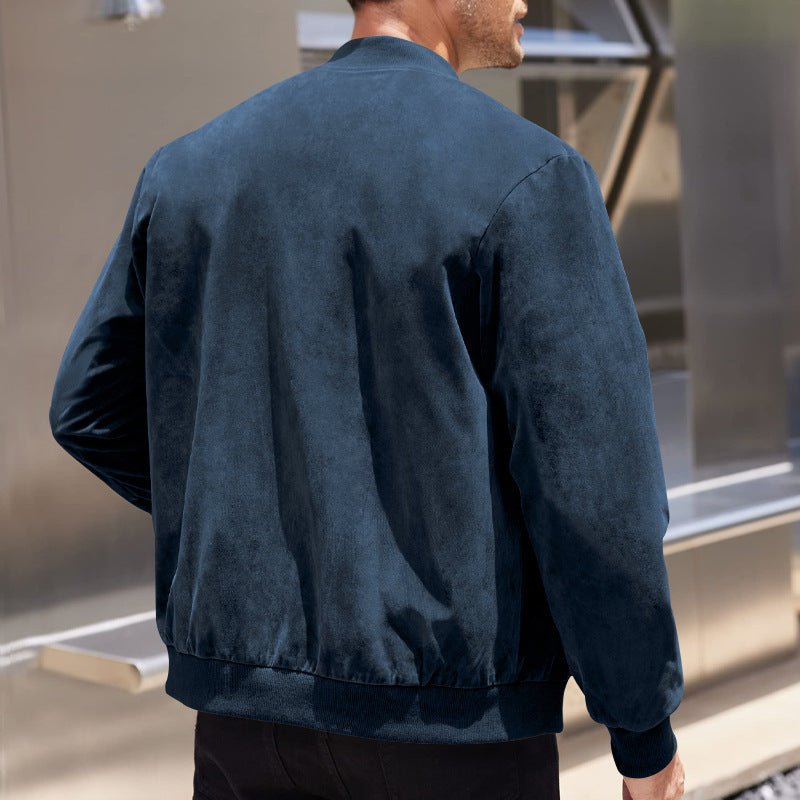 Men's Varsity Bomber Flight Jacket Breathable Windbreaker Zip Coat Faux Leather, Navy, 2XL