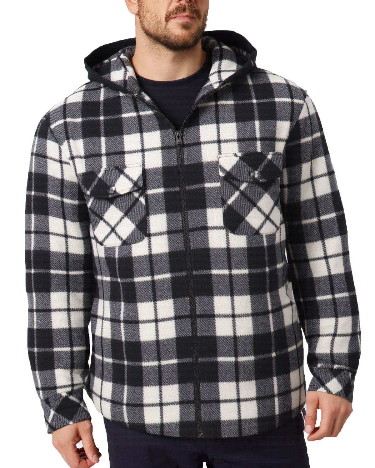 Men's Hooded Flannel Jacket Flannelette Plaid Fleece Shirt Zip Up Winter Coat, Black, L