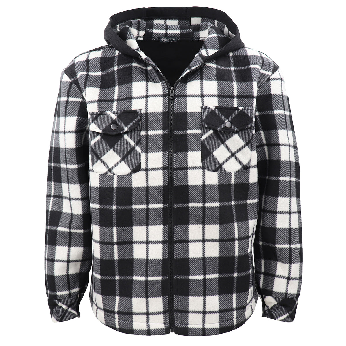 Men's Hooded Flannel Jacket Flannelette Plaid Fleece Shirt Zip Up Winter Coat, Black, L