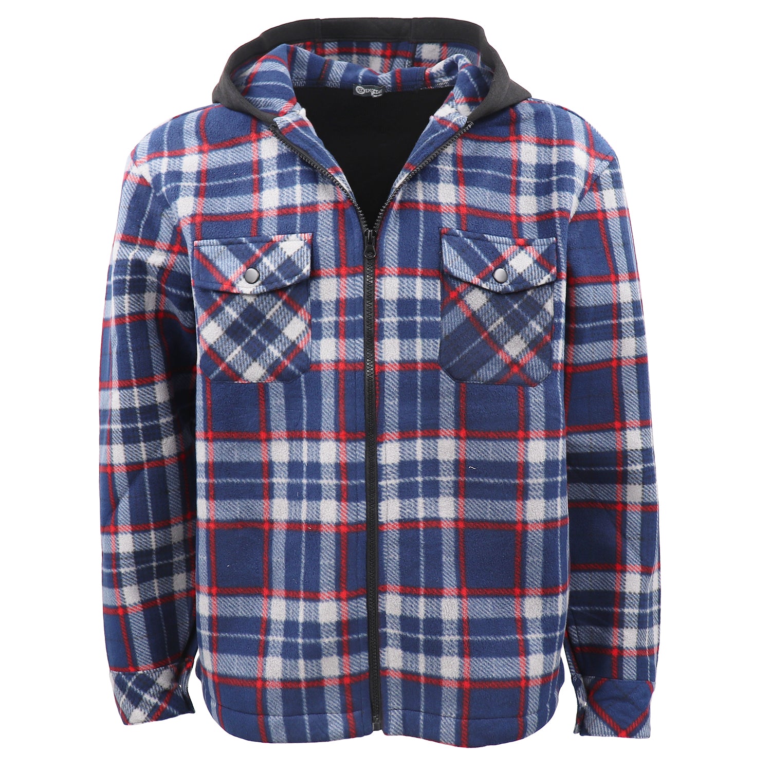 Men's Hooded Flannel Jacket Flannelette Plaid Fleece Shirt Zip Up Winter Coat, Blue, M