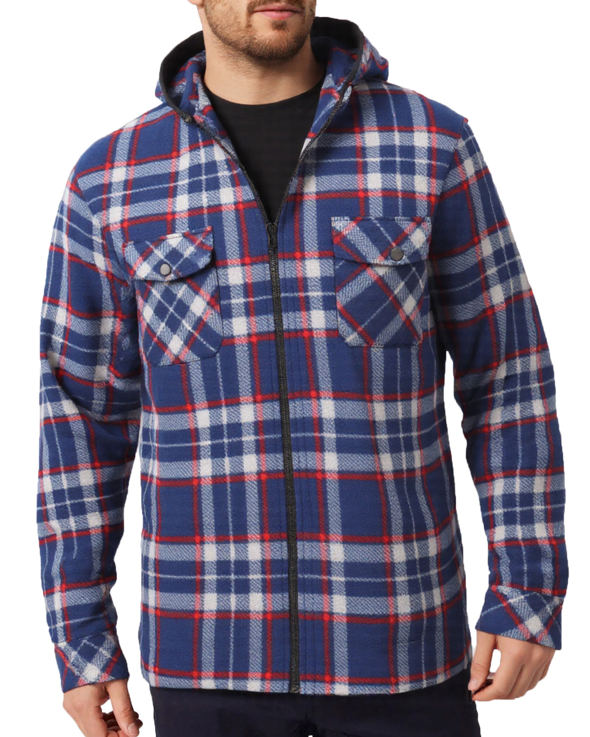 Men's Hooded Flannel Jacket Flannelette Plaid Fleece Shirt Zip Up Winter Coat, Blue, XL