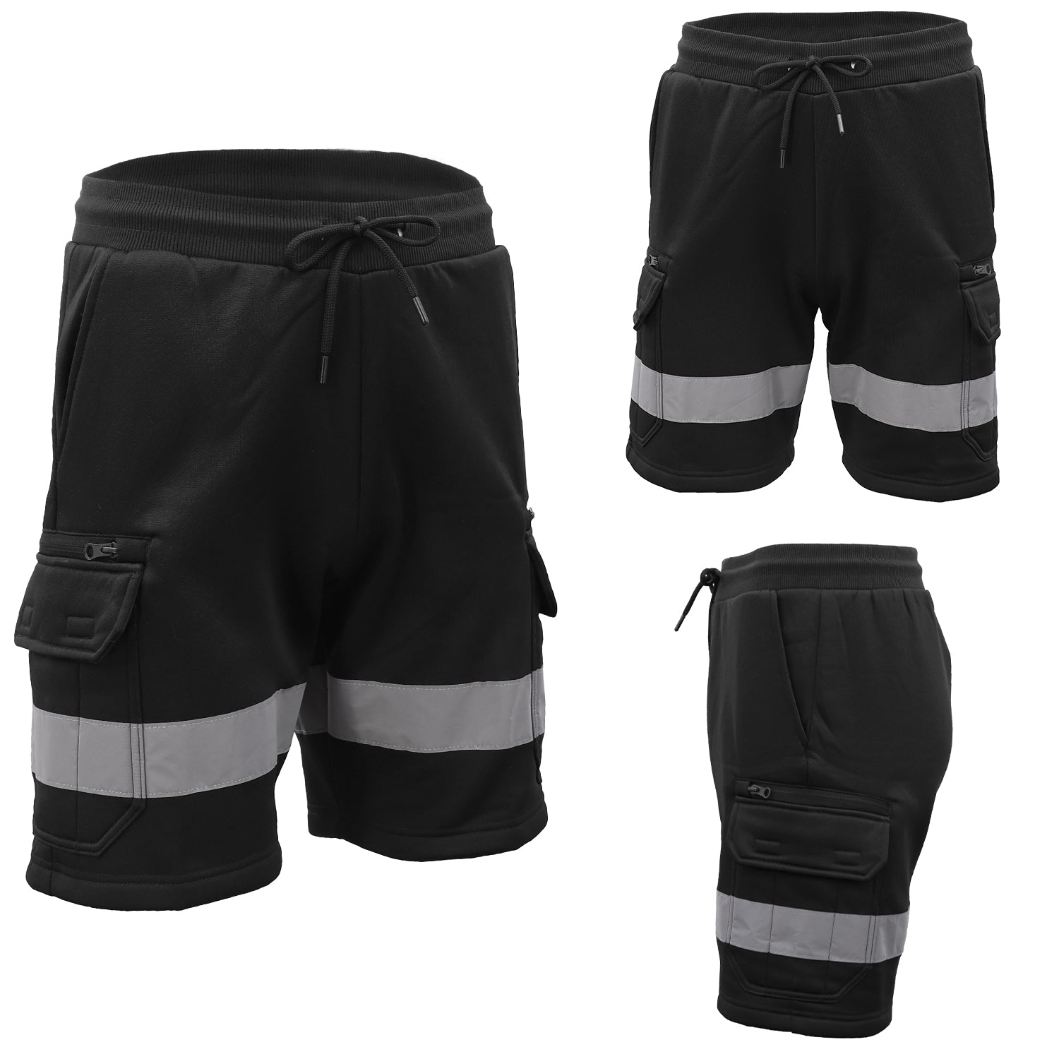 Hi Vis Fleece Work Cargo Shorts w Reflective Tape Workwear Tradie Utility Pants, Black, M