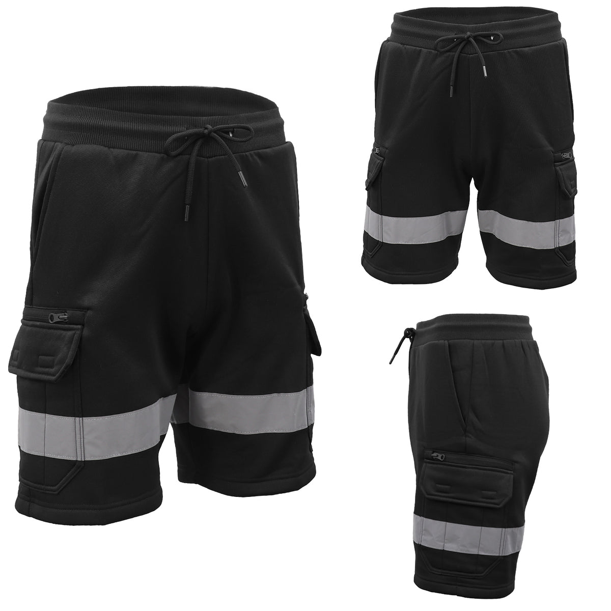 Hi Vis Fleece Work Cargo Shorts w Reflective Tape Workwear Tradie Utility Pants, Black, XL