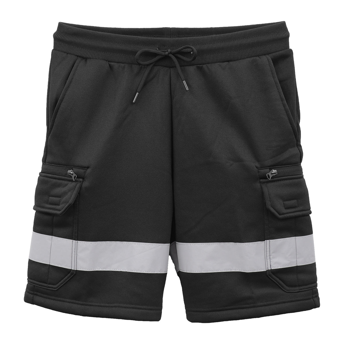Hi Vis Fleece Work Cargo Shorts w Reflective Tape Workwear Tradie Utility Pants, Black, XL