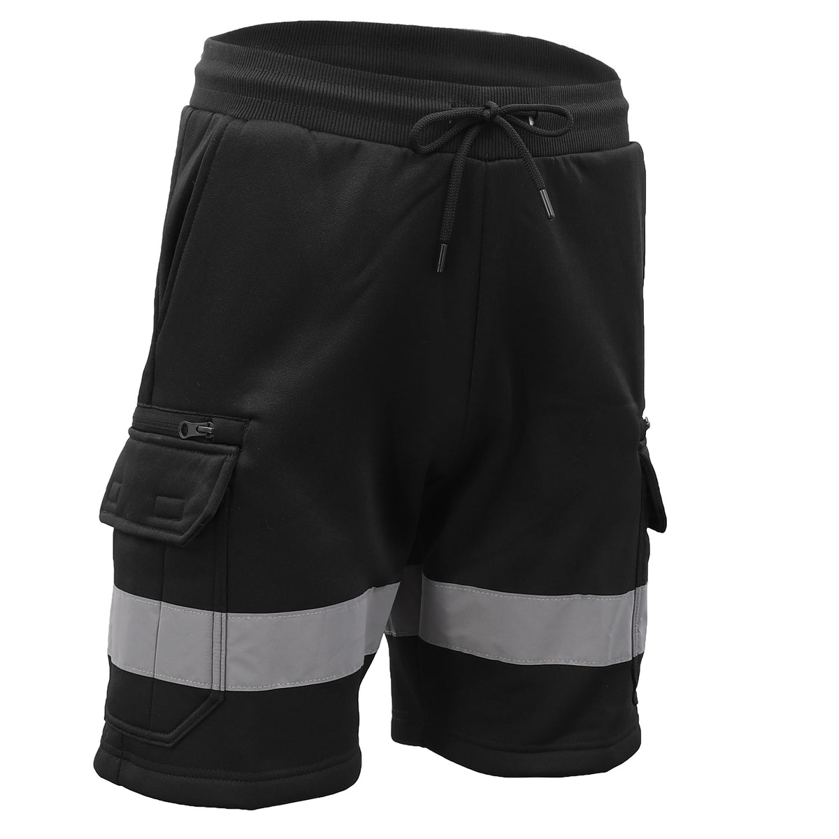 Hi Vis Fleece Work Cargo Shorts w Reflective Tape Workwear Tradie Utility Pants, Black, 2XL