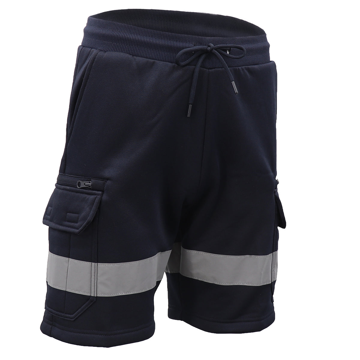 Hi Vis Fleece Work Cargo Shorts w Reflective Tape Workwear Tradie Utility Pants, Navy, S