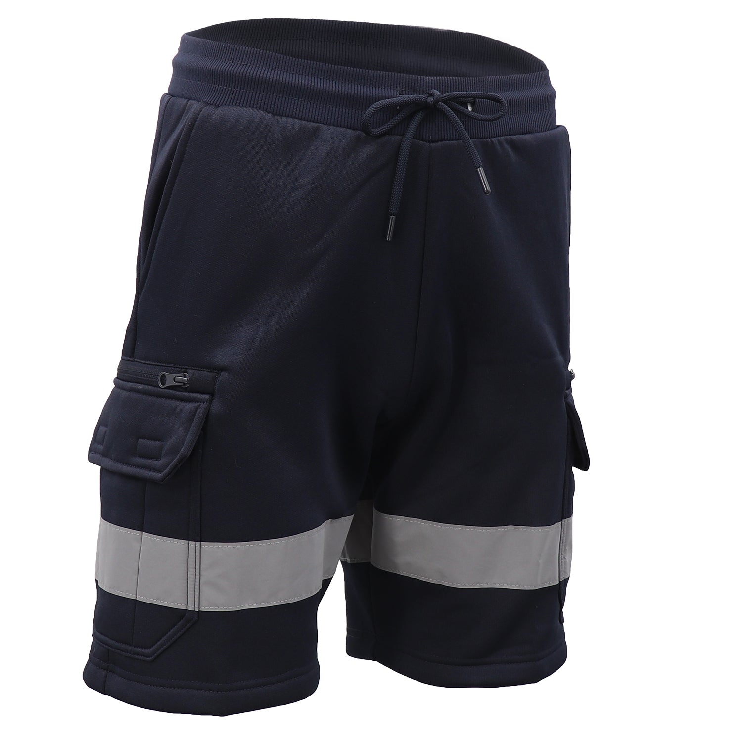 Hi Vis Fleece Work Cargo Shorts w Reflective Tape Workwear Tradie Utility Pants, Navy, S