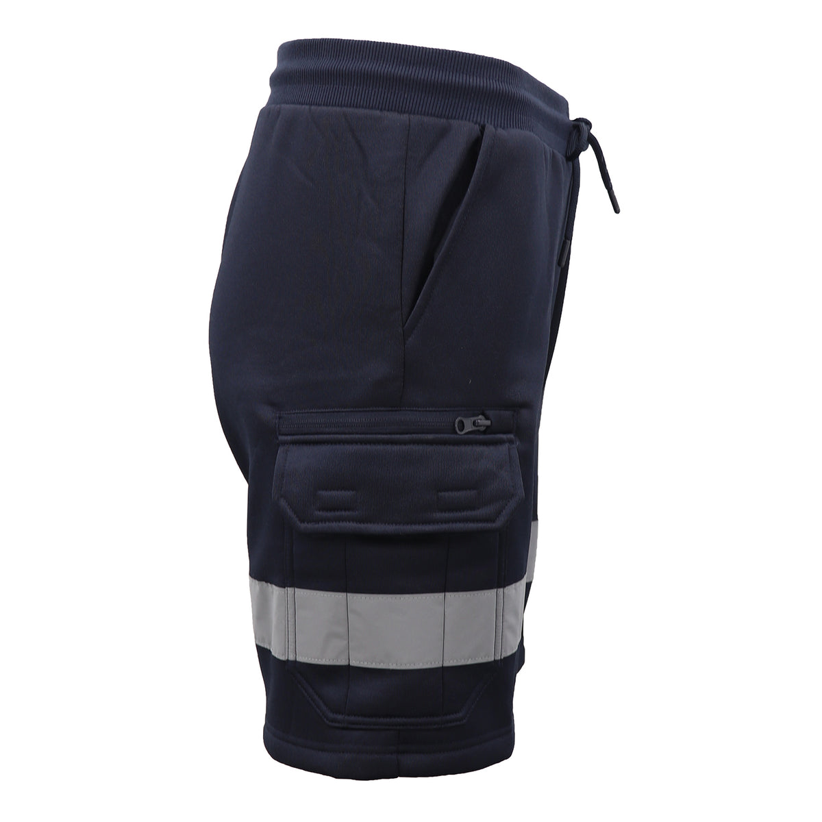 Hi Vis Fleece Work Cargo Shorts w Reflective Tape Workwear Tradie Utility Pants, Navy, S