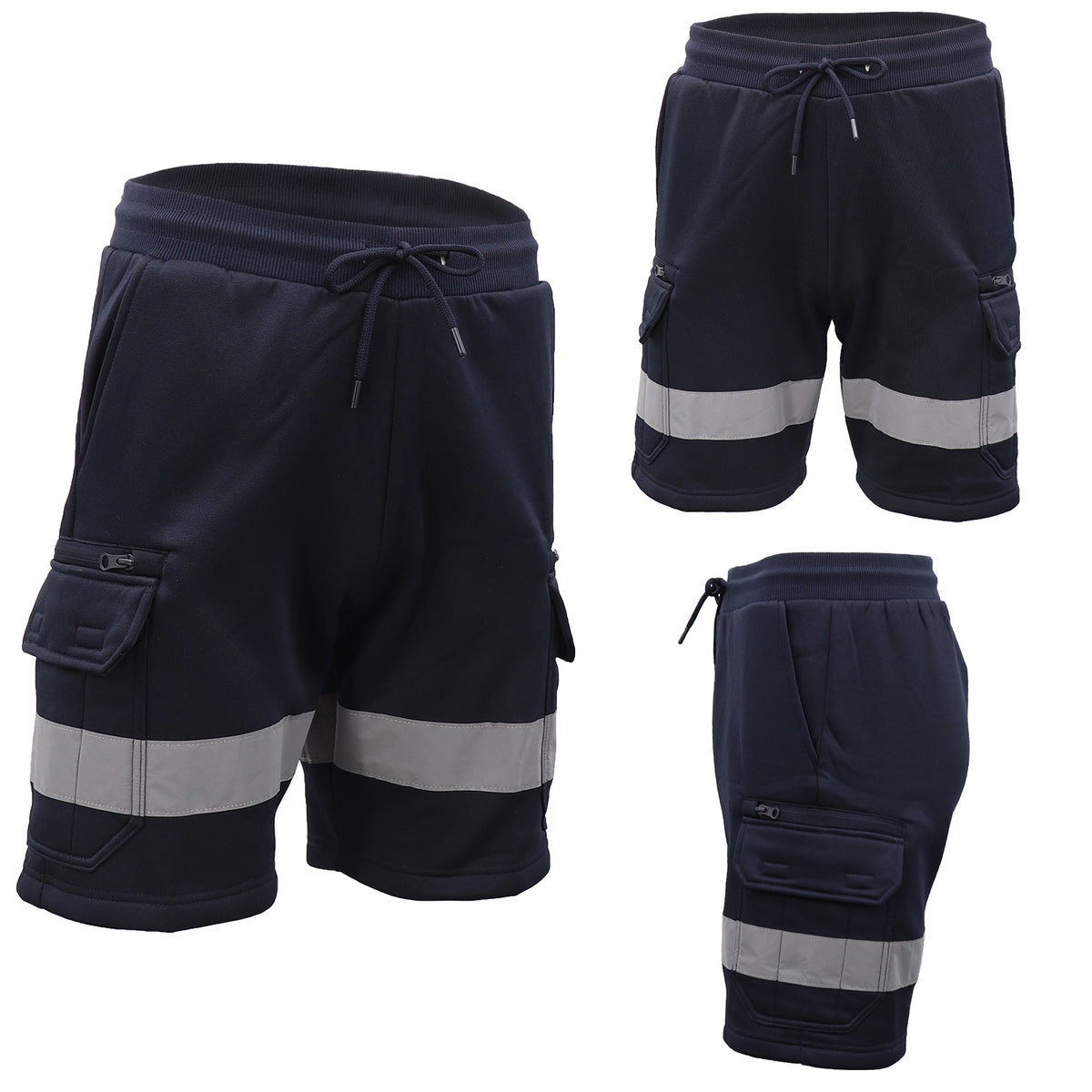 Hi Vis Fleece Work Cargo Shorts w Reflective Tape Workwear Tradie Utility Pants, Navy, XL