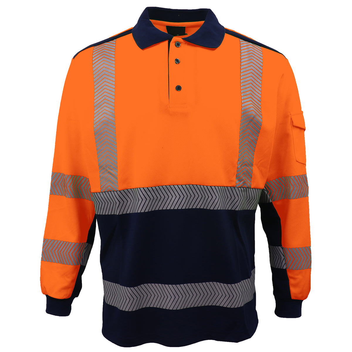 HI VIS Long Sleeve Polo Shirt Reflective Tape Safety Tradie Work Wear Tops Tee, Fluro Orange / Navy, M
