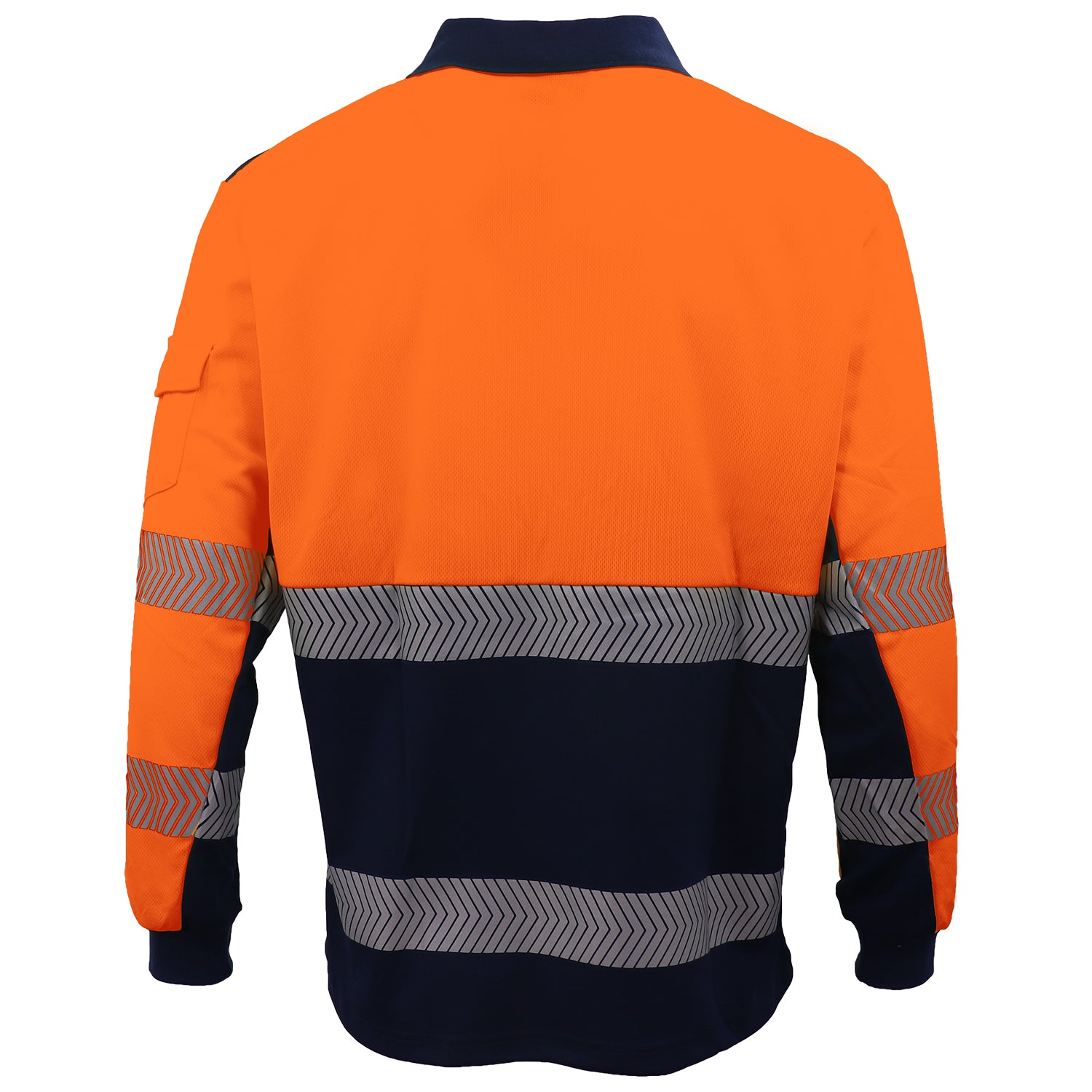 HI VIS Long Sleeve Polo Shirt Reflective Tape Safety Tradie Work Wear Tops Tee, Fluro Orange / Navy, M