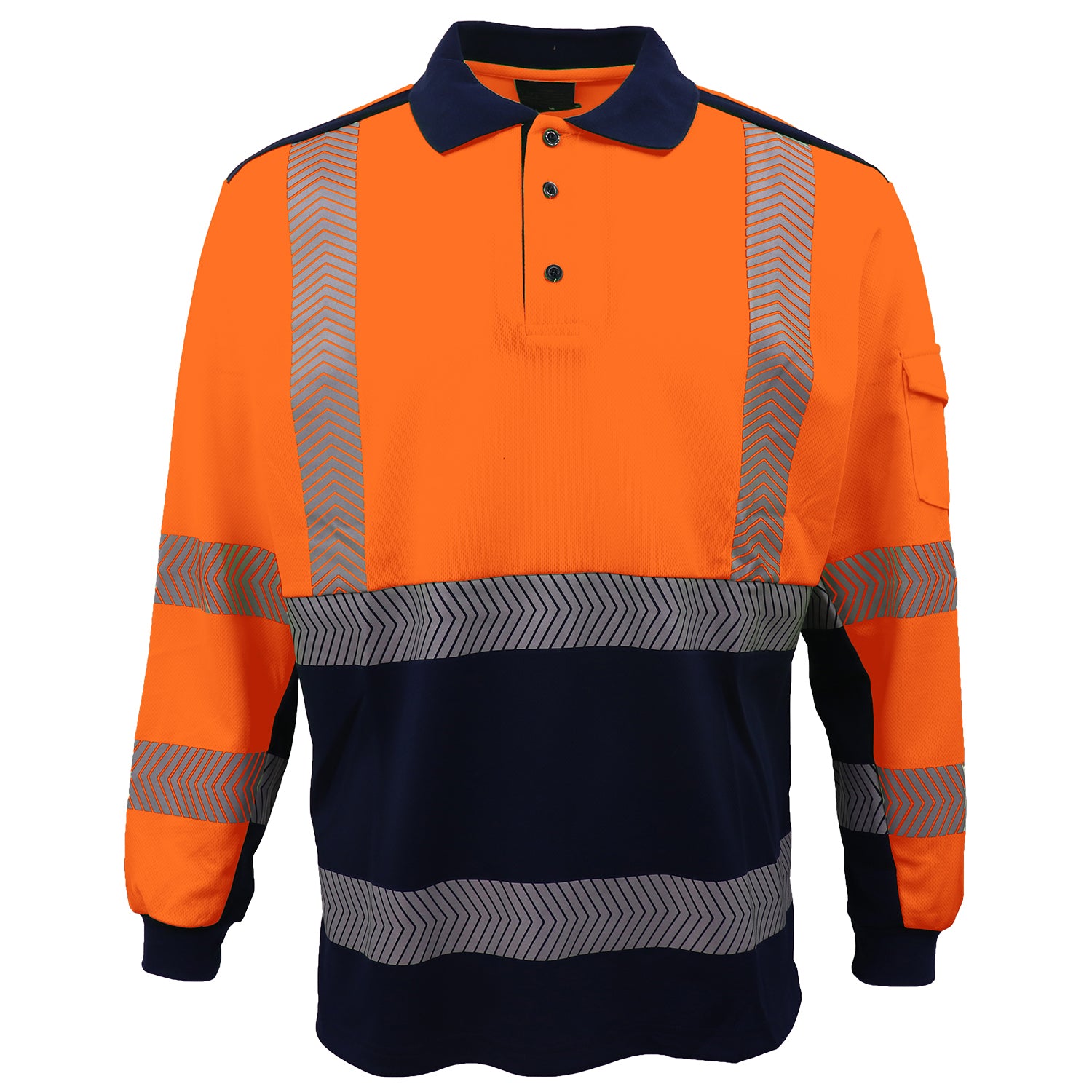 HI VIS Long Sleeve Polo Shirt Reflective Tape Safety Tradie Work Wear Tops Tee, Fluro Orange / Navy, 3XL