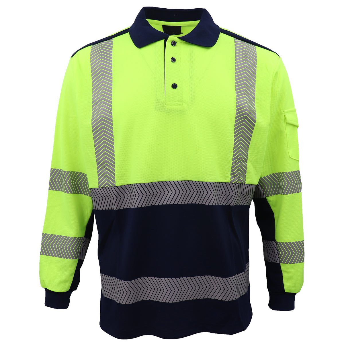 HI VIS Long Sleeve Polo Shirt Reflective Tape Safety Tradie Work Wear Tops Tee, Fluro Yellow / Navy, M