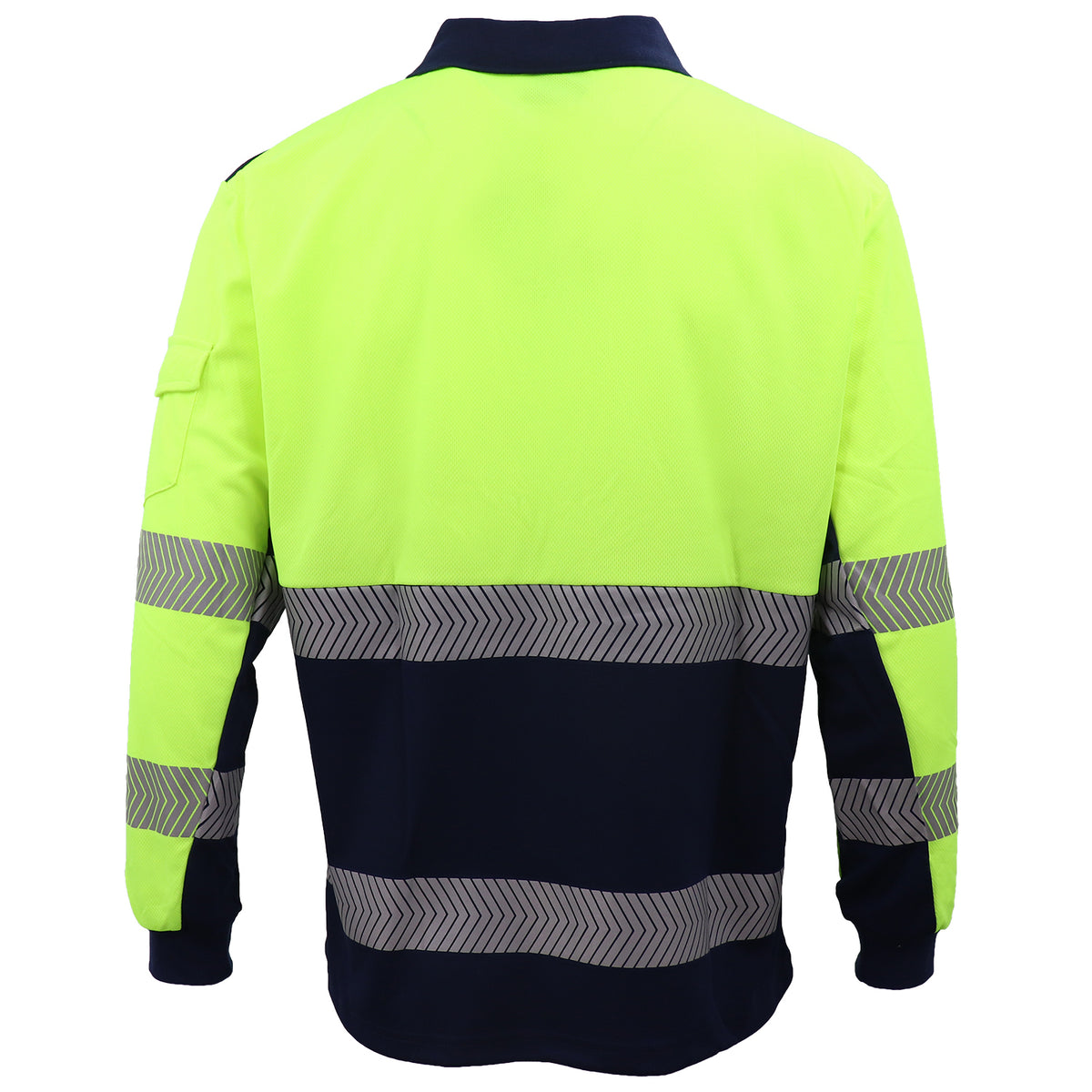 HI VIS Long Sleeve Polo Shirt Reflective Tape Safety Tradie Work Wear Tops Tee, Fluro Yellow / Navy, M