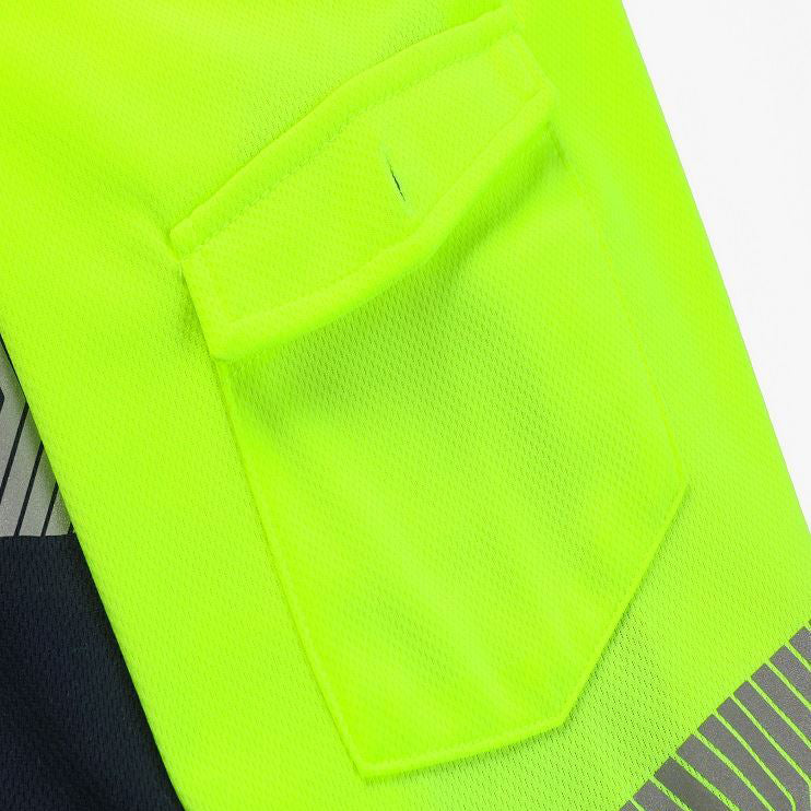 HI VIS Long Sleeve Polo Shirt Reflective Tape Safety Tradie Work Wear Tops Tee, Fluro Yellow / Navy, M