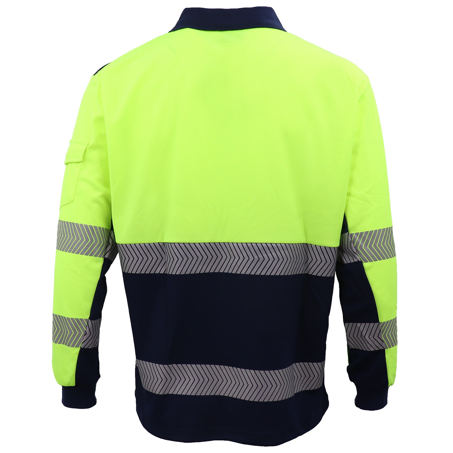 HI VIS Long Sleeve Polo Shirt Reflective Tape Safety Tradie Work Wear Tops Tee, Fluro Yellow / Navy, XL