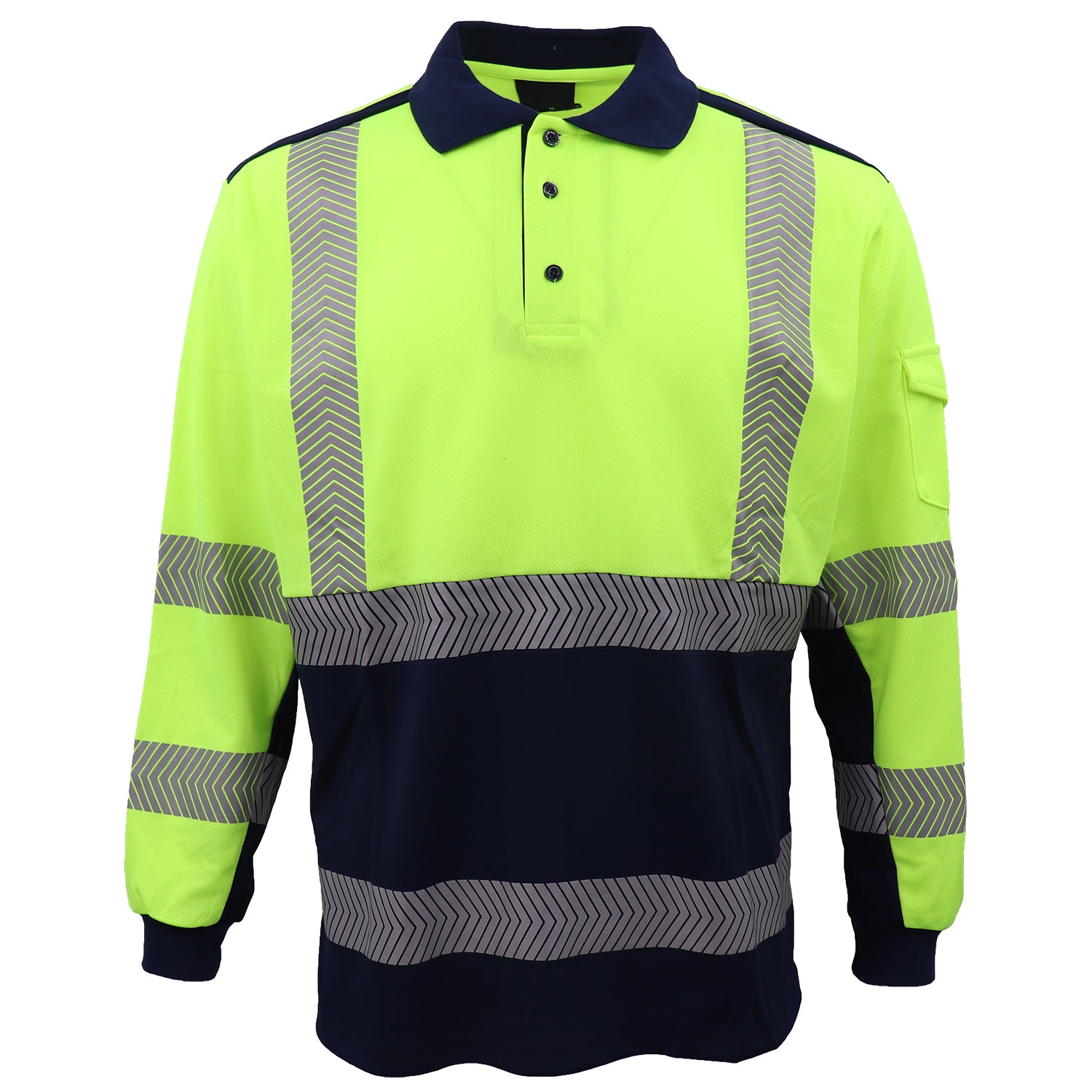 HI VIS Long Sleeve Polo Shirt Reflective Tape Safety Tradie Work Wear Tops Tee, Fluro Yellow / Navy, 2XL