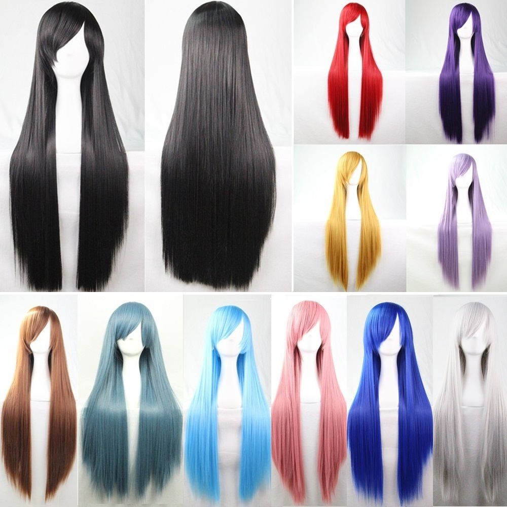 New 80cm Straight Sleek Long Full Hair Wigs w Side Bangs Cosplay Costume Womens, Blue