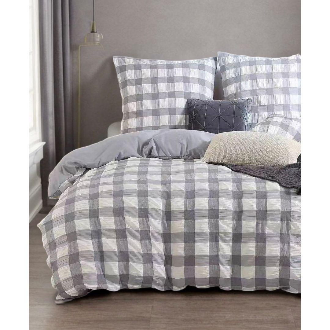 Rylee Grey Check Seersucker Quilt Cover Set - Super King Size