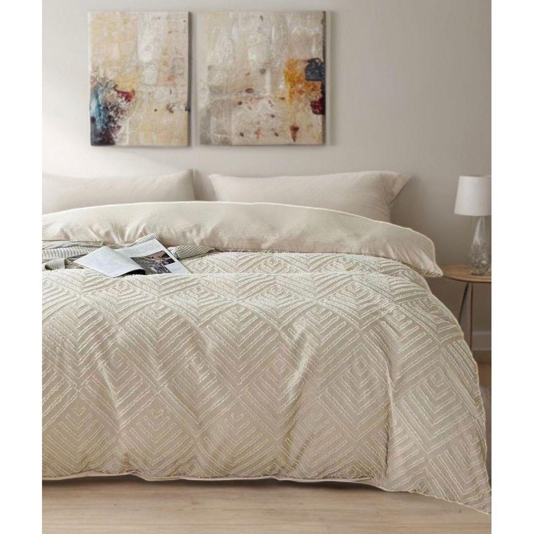 Tufted Textured Jacquard Quilt Cover Set- Beige - Super King Size