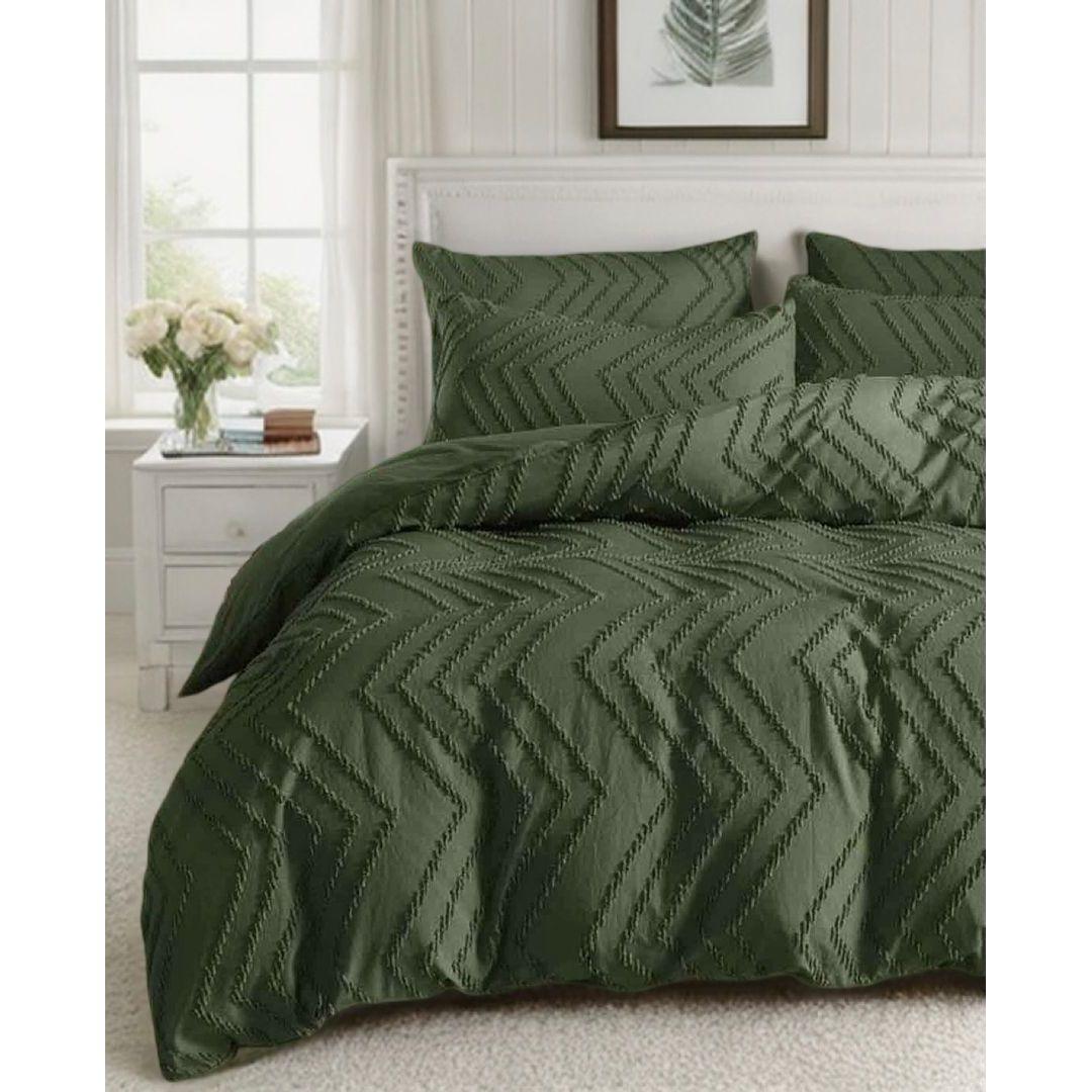 Tufted Boho Wave Jacquard Quilt Cover Set- Dark Green - Queen Size