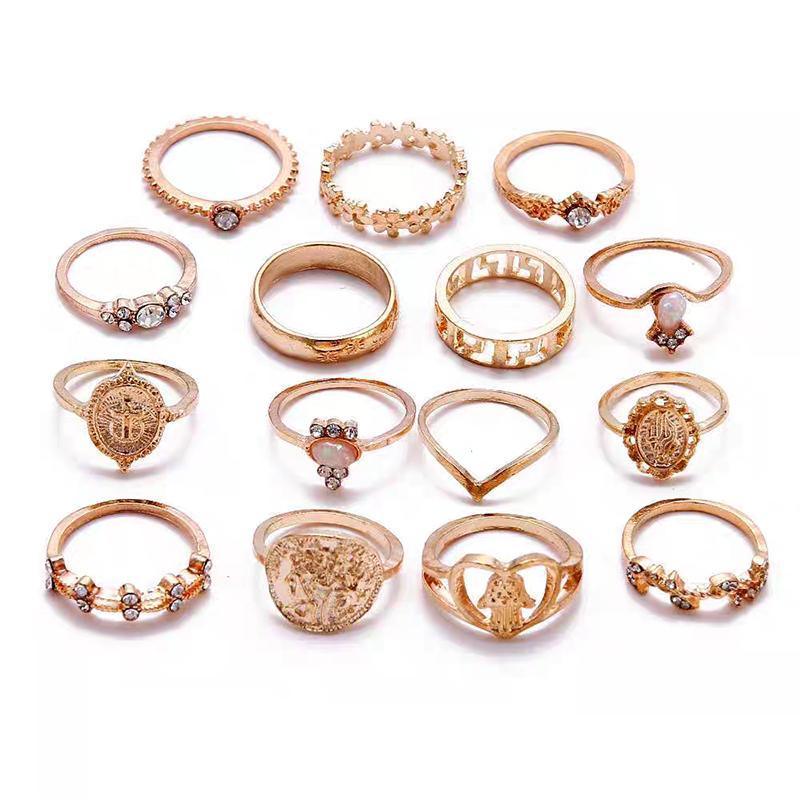 Gold Hollow Stackable Joint Ring Set 15 PCS Various Styles Versatile Womens